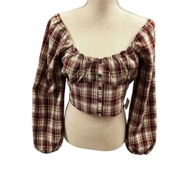 Love Tree Large Cropped Plaid Off-Shoulder Top - Red and Cream - Picture 1 of 5